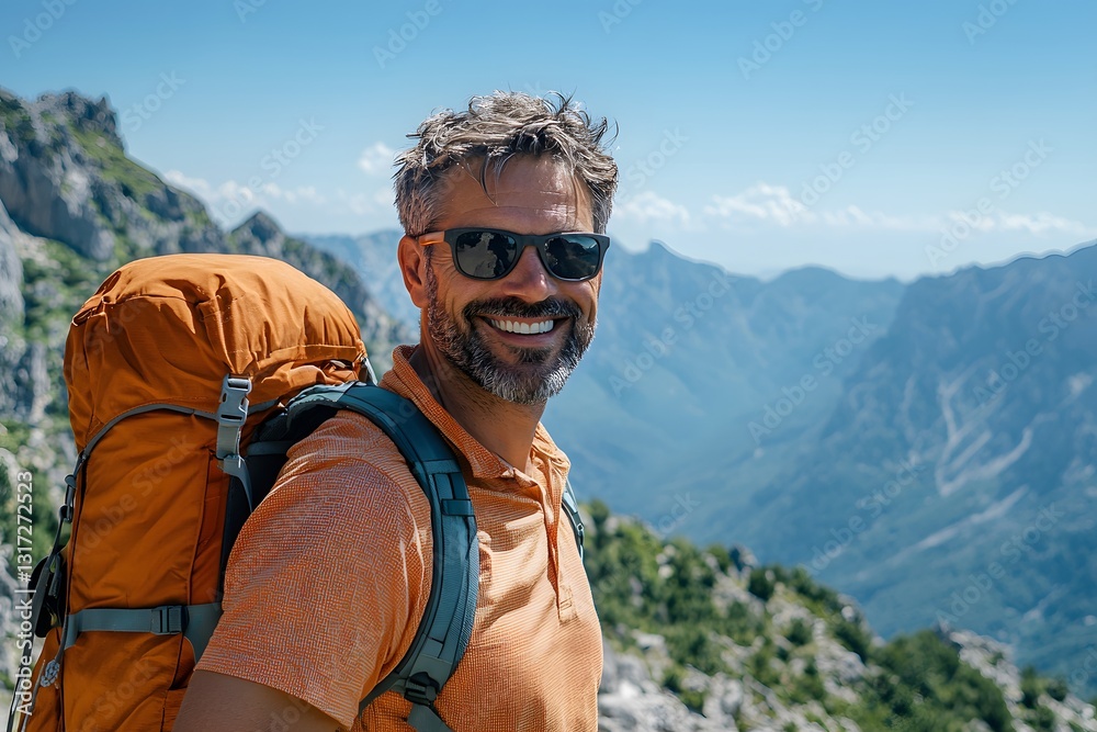Man with a backpack enjoys hiking in the mountains under clear blue skies. Generative AI Man with a backpack enjoys hiking in the mountains under clear blue skies. Generative AI