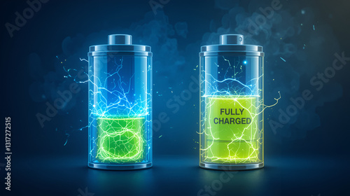 Electrical energy source concept.Discharged and fully charged battery on dark blue background.Energy Efficiency, Vector illustration.