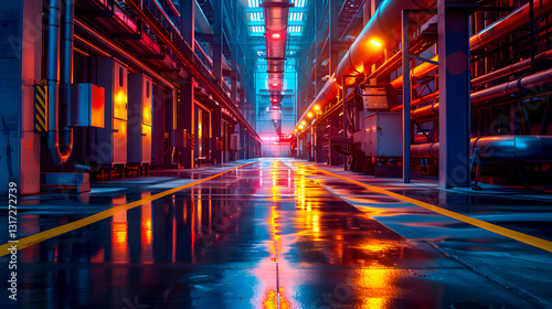 Vibrant Industrial Warehouse with Glowing Lights and Reflections