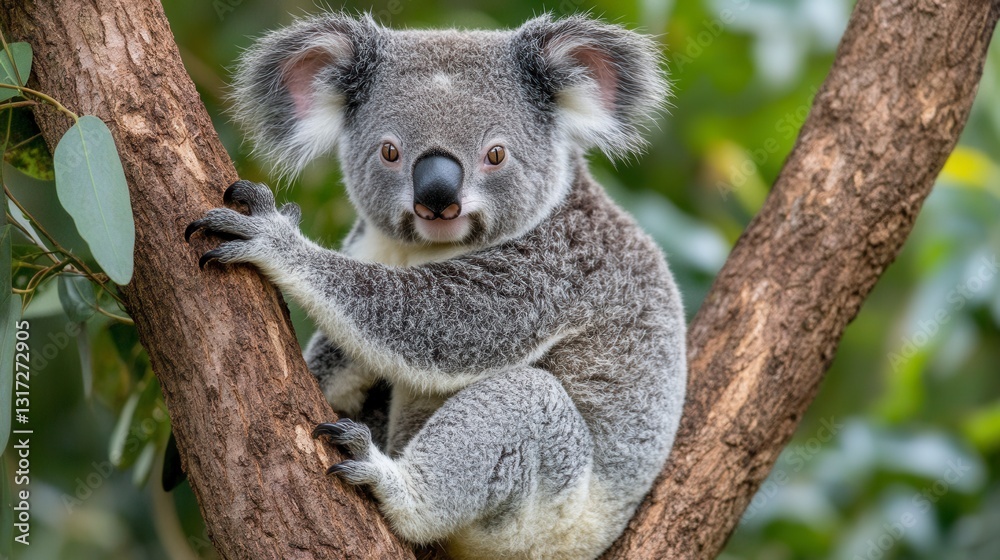 Naklejka premium Close up of a koala perched on a eucalyptus tree branch. The koala has gray fur, large ears, and a serious expression. The background is blurred but shows more eucalyptus leaves.