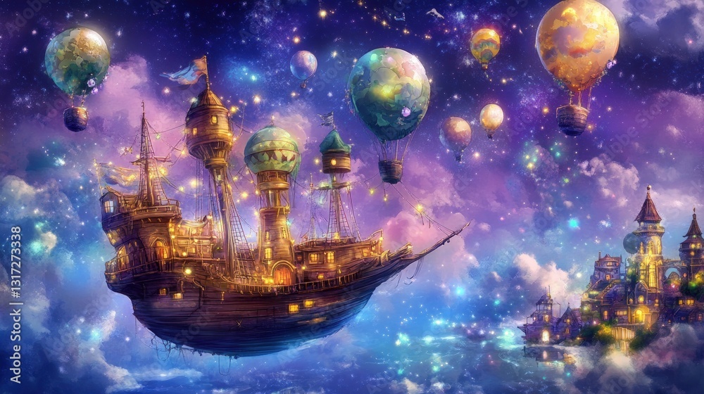 Fototapeta premium Fantasy cityscape floating in dreamy skies adorned with hot air balloons and sparkling celestial lights showcasing magical whimsical scenery