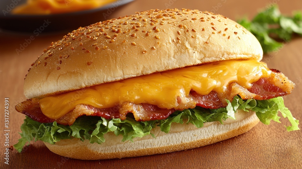 Tasty sandwich with bacon, cheese, lettuce on a sesame seed bun Tasty sandwich with bacon, cheese, lettuce on a sesame seed bun