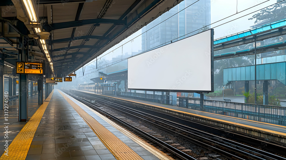 Empty Train Platform With Blank Billboard on a Rainy Morning in the City Empty Train Platform With Blank Billboard on a Rainy Morning in the City