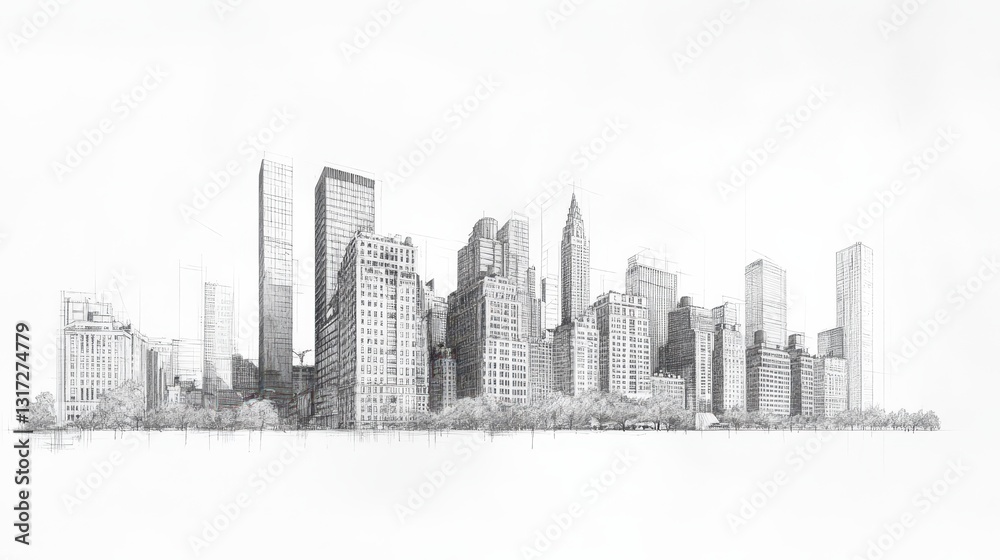Conceptual Pencil Sketch of an Urban Skyline Featuring Tall Buildings, Trees, and Architectural Elements in a Minimalist Style Conceptual Pencil Sketch of an Urban Skyline Featuring Tall Buildings, Trees, and Architectural Elements in a Minimalist Style
