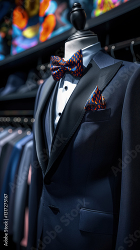 Elegant tuxedo and bow tie display in a fashionable clothing store