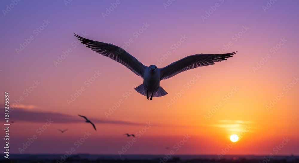 Sunset Seagull Flight - A majestic seagull in silhouette soars against a vibrant sunset sky, other birds visible in the distance Sunset Seagull Flight - A majestic seagull in silhouette soars against a vibrant sunset sky, other birds visible in the distance