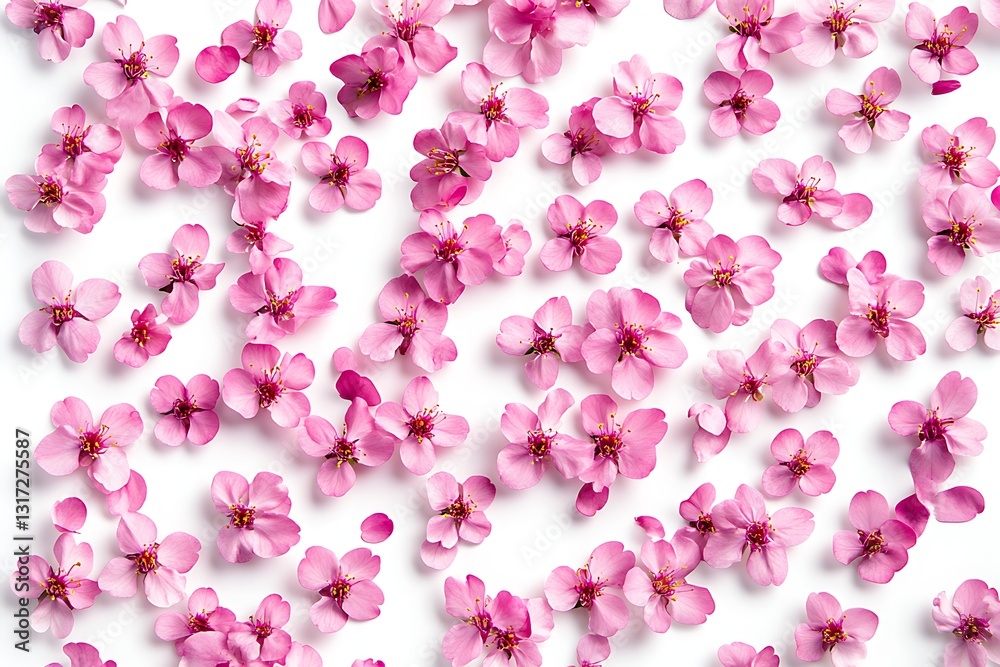 Fototapeta premium Delicate Pink Blossom Flowers Scattered on White Background Spring Floral Design