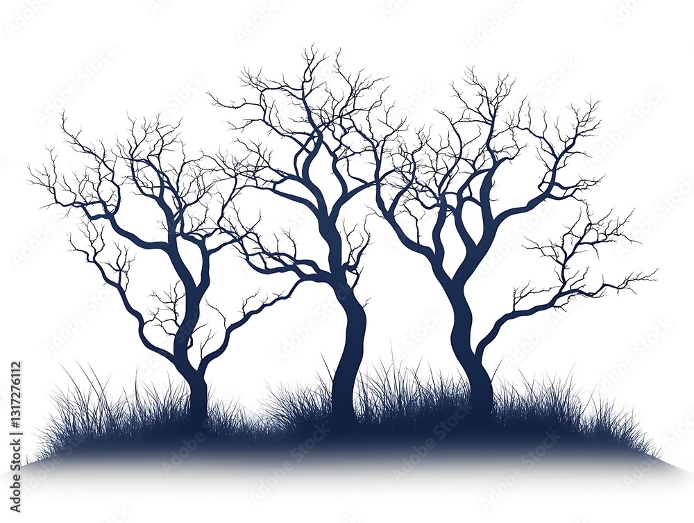 Fototapeta premium Silhouette of Three Bare Trees in Grass, Nature Illustration, Dark Blue