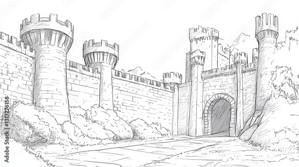 Meticulously Drawn Historical Castle Sketch with Towers and Wall Details for Artistic Projects Meticulously Drawn Historical Castle Sketch with Towers and Wall Details for Artistic Projects