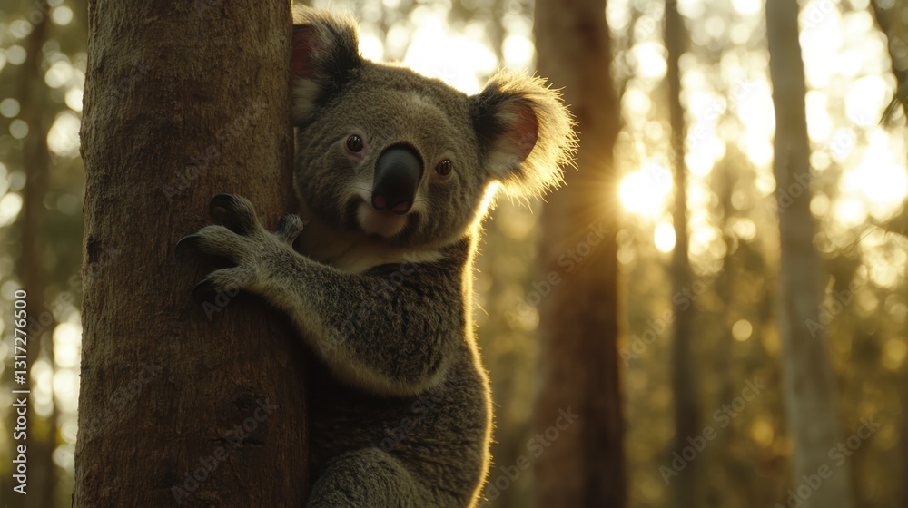 Fototapeta premium Koala clinging to a tree trunk, bathed in warm sunset light, within a sun dappled eucalyptus forest.