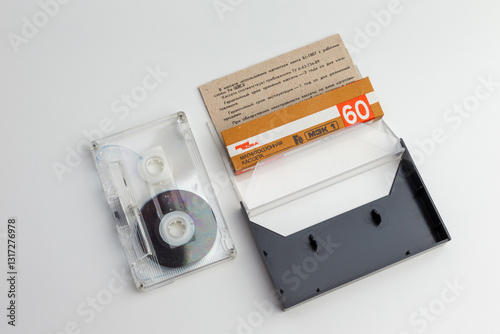 Soviet Metal Retro Audio Cassette with Transparent Case and Vintage Paper Label Design