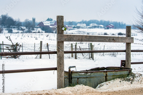 Watering hole. Amish stop here to water their horse and have a drink for themselves in rural Indiana. This was taken in winter. The water enters the trough non-stop from and underground sprirng.