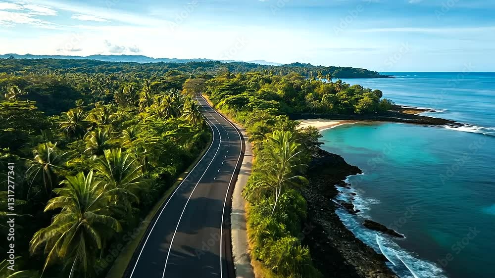 An idyllic tropical island setting with a smooth coastal road meandering through palm forests, past secluded beach coves with crystal-clear waters and colorful coral reefs nearby. An idyllic tropical island setting with a smooth coastal road meandering through palm forests, past secluded beach coves with crystal-clear waters and colorful coral reefs nearby.