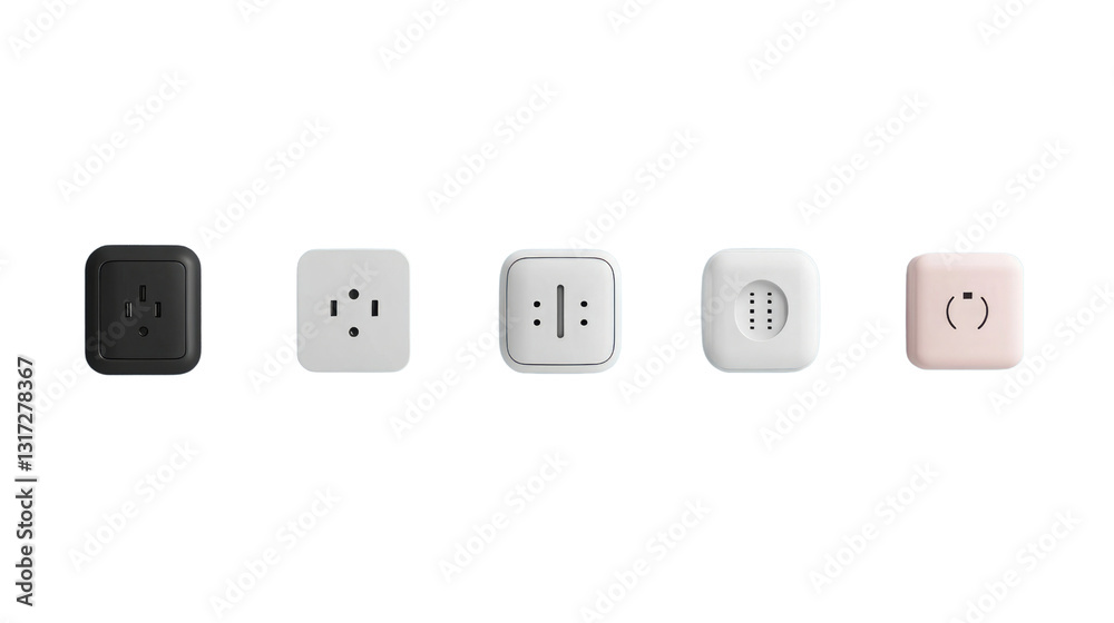 Five different electrical outlets showcase a range of designs, smart technology, each outlet delivering unique features to suit modern environments Five different electrical outlets showcase a range of designs, smart technology, each outlet delivering unique features to suit modern environments