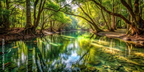 Sunlight filtering through the canopy illuminates a tranquil river winding through a dense forest of towering trees, their reflections shimmering on the glassy water.