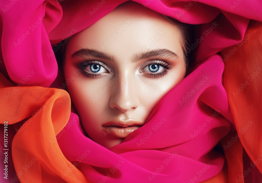 Close-up of a woman with striking blue eyes wrapped in vibrant fabric Close-up of a woman with striking blue eyes wrapped in vibrant fabric