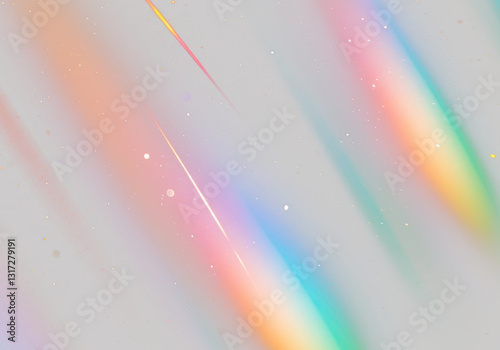 Abstract grainy texture of vibrant diagonal streaks with colourful rainbow light hues, speckle texture on transparent background