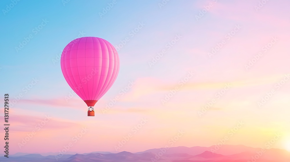 Obraz premium Vibrant Pink Hot Air Balloon Floating Above Scenic Landscape at Sunrise in Clear Sky
