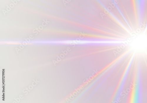 Radiant white light with prismatic rainbow rays emanating outwards in a starburst pattern, lens flare effect on transparent background