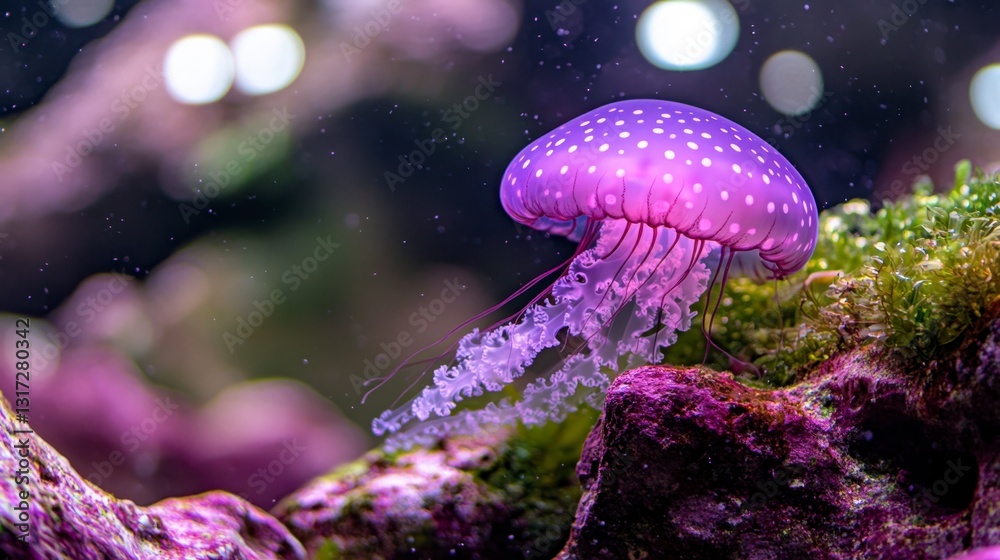 Fototapeta premium Purple jellyfish with white spots gracefully floats near vibrant purple and green aquatic plants in a dimly lit aquarium. The background features soft bokeh lights.