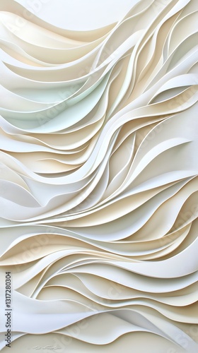 Abstract paper art design featuring layered waves in neutral tones, textured background, and depth