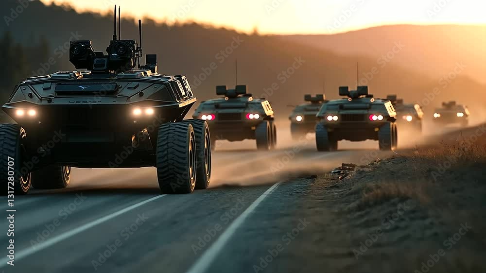 Autonomous military vehicles patrol a secure base perimeter, providing continuous surveillance and defense without human intervention.