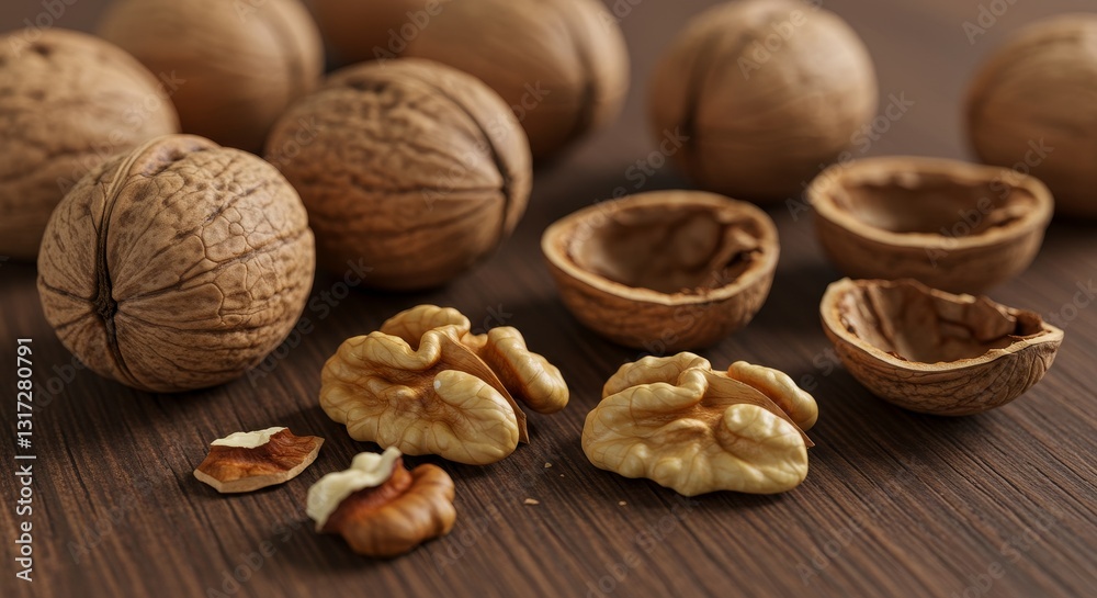 Wholesome Walnuts: Nature's Goodness - Close-up of walnuts in their shells and shelled, on a dark brown wooden surface. Healthy snack, rich in nutrients