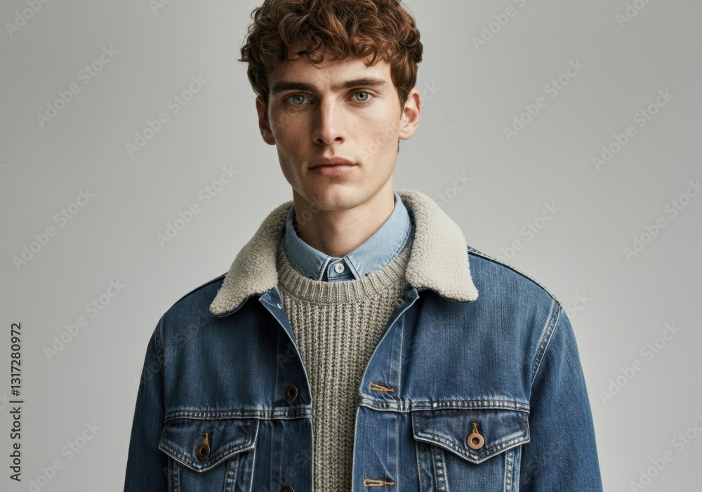 Obraz premium Stylish young man wearing a denim jacket with a cozy sweater