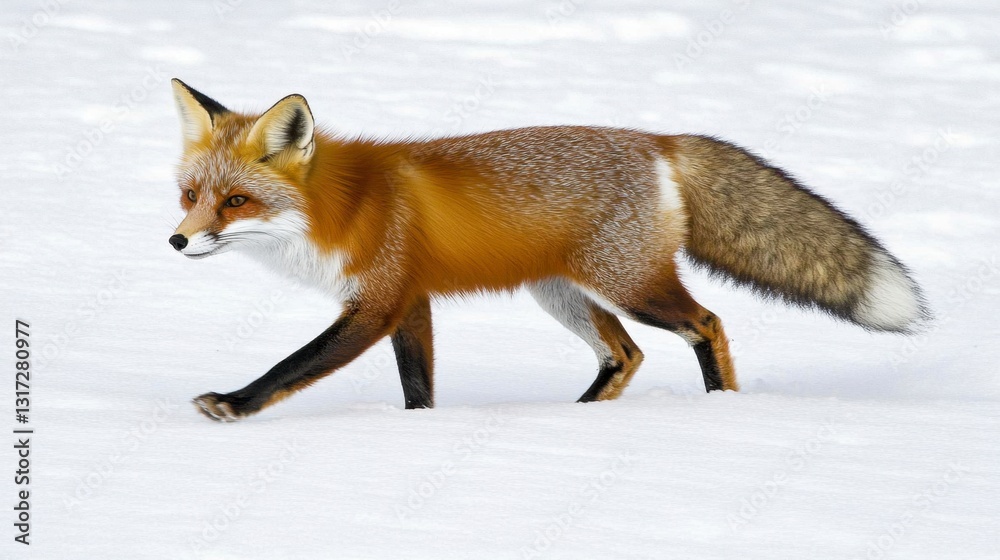 Fototapeta premium Red fox walking in snowy landscape, winter scene, wildlife photography, animal in snow, fluffy tail, winter fur, natural habitat
