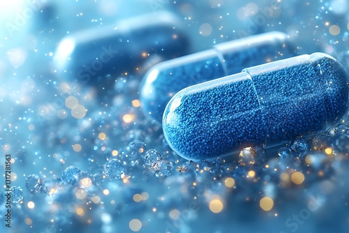 Stunning Blue Capsules with Sparkling Crystals Medical, Healthcare, and Science Background