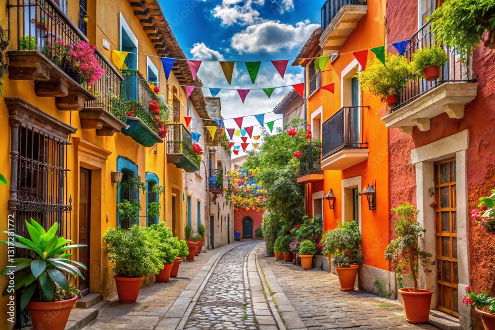 Fototapeta premium Vibrant Colorful Street Scene in a Festive Town with FlowerAdorned Balconies and Cobblestone Road