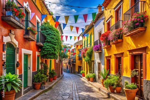 Vibrant Street Scene in a Colorful European Town with Festive Bunting