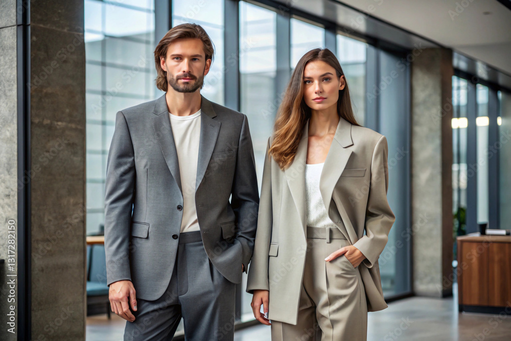 The man and woman wear oversized yet perfectly tailored business outfits. The man and woman wear oversized yet perfectly tailored business outfits.