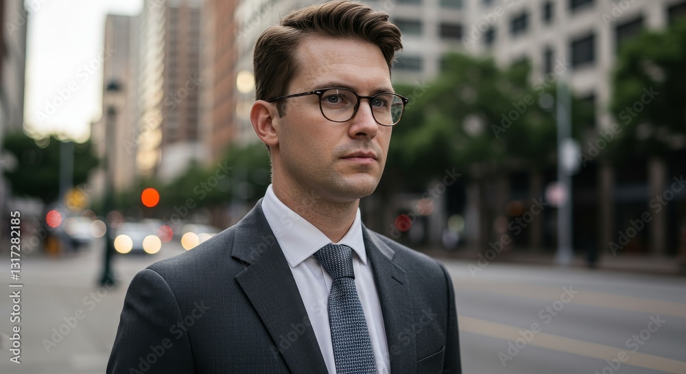 Young Businessman in City Street - Ambitious, successful, confident young caucasian male in a suit and glasses outdoors, symbolizing career, ambition, urban life, professionalism, and achievement Young Businessman in City Street - Ambitious, successful, confident young caucasian male in a suit and glasses outdoors, symbolizing career, ambition, urban life, professionalism, and achievement