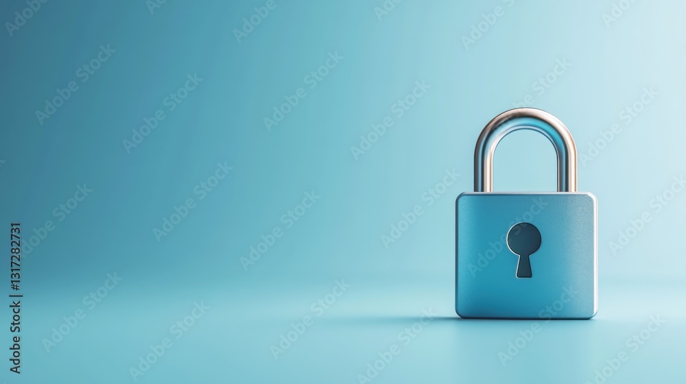 Blue Color Background with Single Metallic Padlock Featuring a Keyhole in Minimalist Style Blue Color Background with Single Metallic Padlock Featuring a Keyhole in Minimalist Style