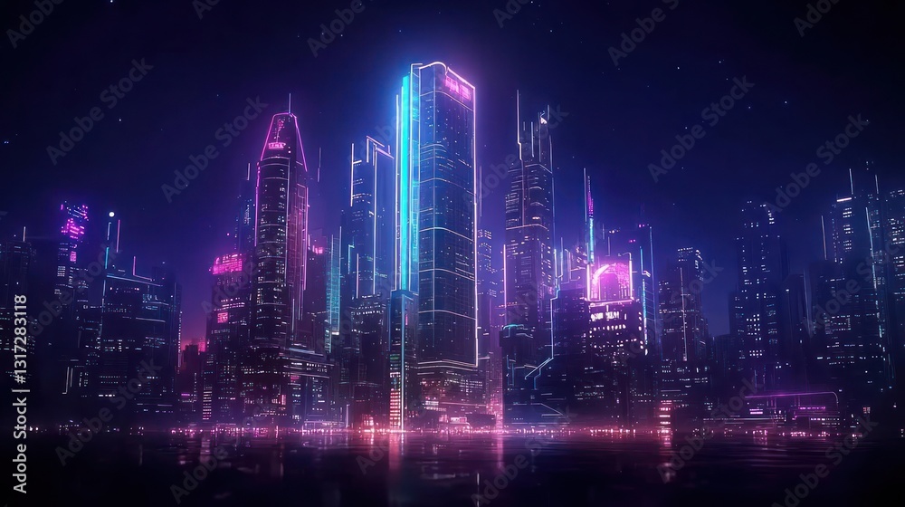 Obraz premium Vibrant Neon Cityscape with Futuristic Skyscrapers and Glowing Lights Reflecting on Water at Night