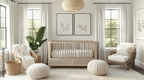 Nursery room design, crib, chair, neutral decor