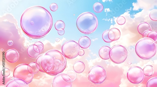 Colorful Soap Bubbles Floating in a Bright Sky with Soft Clouds and a Dreamy Atmosphere