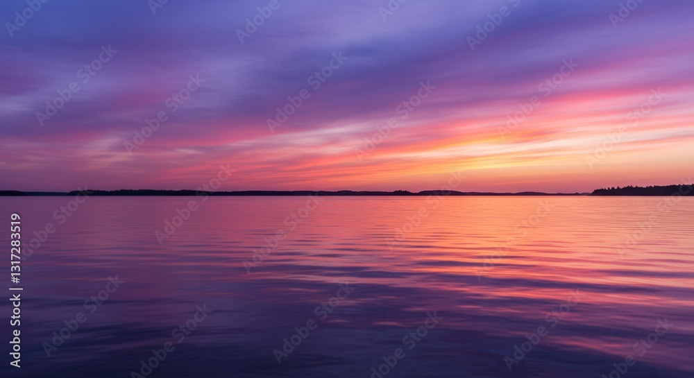 Obraz premium Lake Reflections at Sunset with Vibrant Purple and Orange Sky