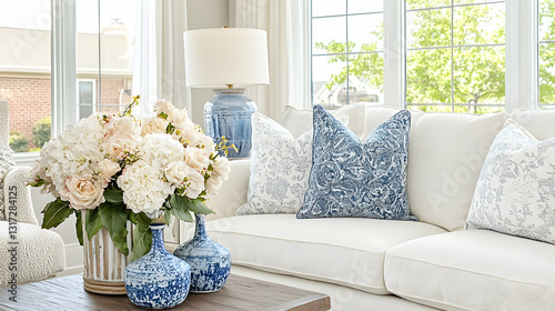 Cozy living room interior design, featuring a white sofa, blue and white patterned pillows, and a floral centerpiece, bright windows showing a green leafy backyard.  Use Home d?cor inspiration