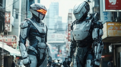 Futuristic Robots Standing in Urban Environment with Neon Lights