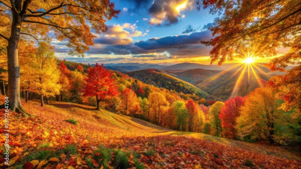 Fototapeta premium A picturesque scene of a sun setting over a landscape of rolling hills, covered in vibrant autumn foliage, with golden rays of light breaking through the clouds.