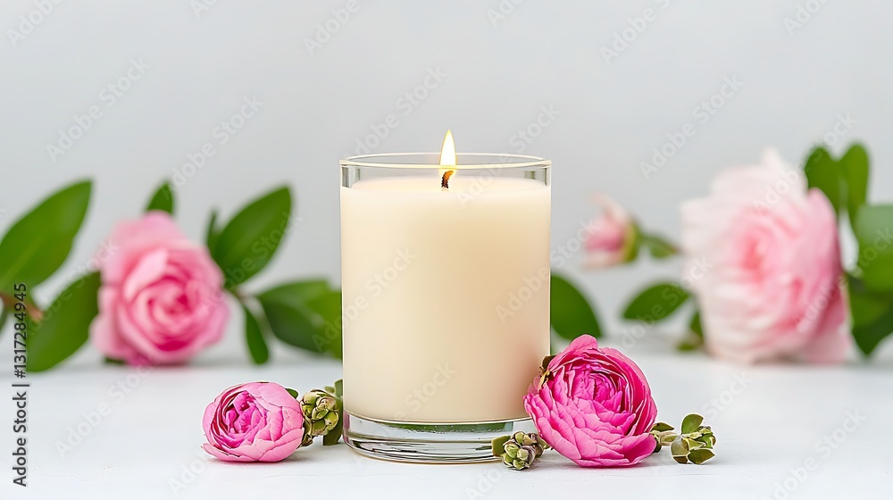 Elegant White Candle Surrounded by Pink Roses and Green Leaves on Soft Background Elegant White Candle Surrounded by Pink Roses and Green Leaves on Soft Background