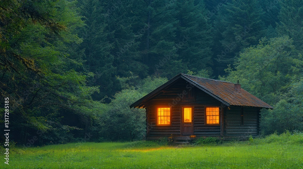 Illuminated cabin in a tranquil forest at dusk Illuminated cabin in a tranquil forest at dusk