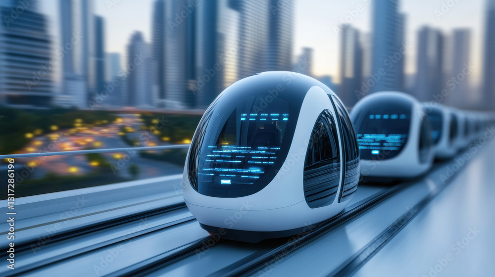 Obraz premium Two autonomous trains traveling on a track in a minimalist realistic setting showcasing modern transportation