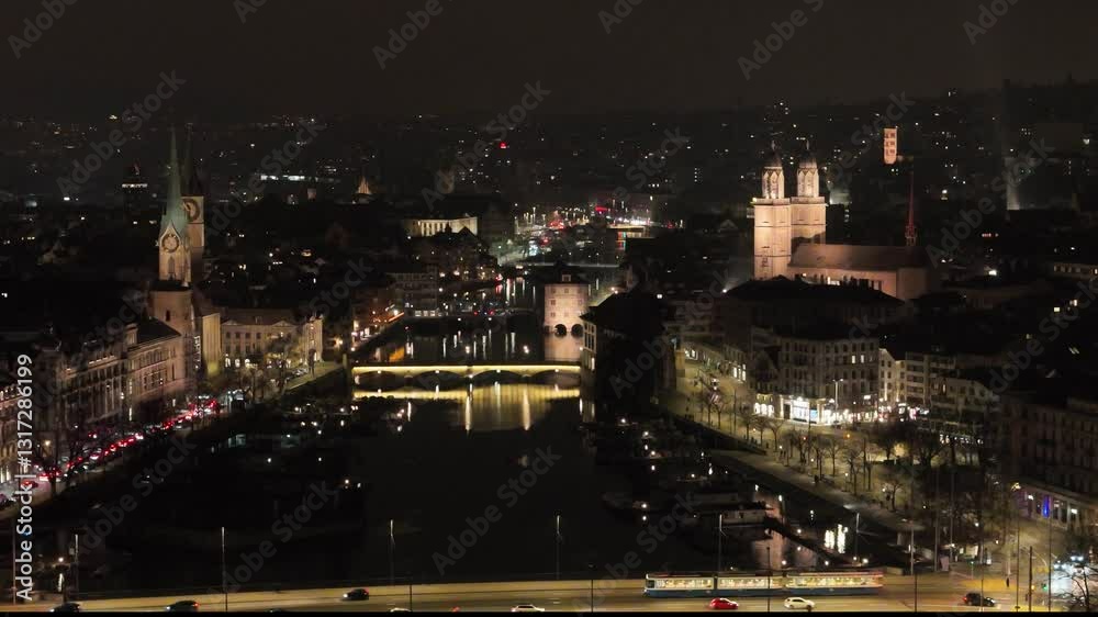 zurich night tram crossing bridge historical town center churches waterfront add to scenic circling aerial view shot nighttime atmosphere lake zurich night tram crossing bridge historical town center churches waterfront add to scenic circling aerial view shot nighttime atmosphere lake