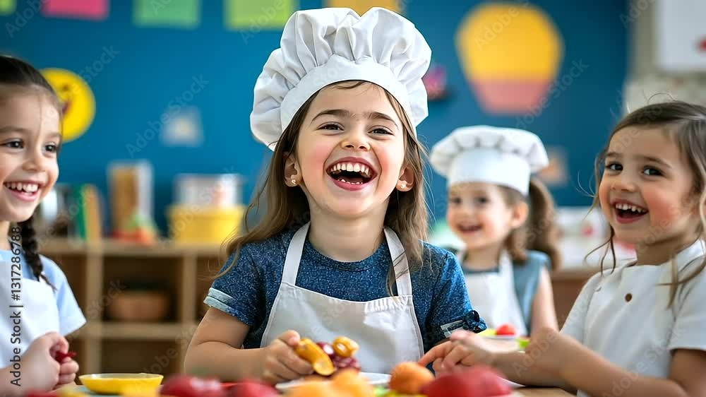 Joyful children in a vibrant kindergarten pretend to be little chefs, while their young teacher guides them through a fun-filled play session with plastic food.