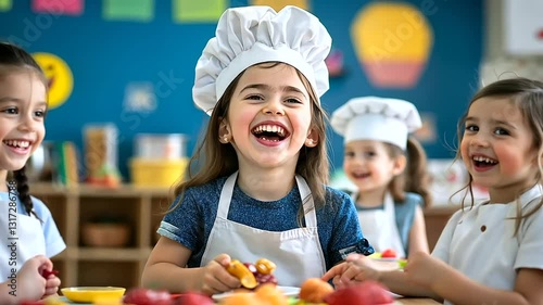 Joyful children in a vibrant kindergarten pretend to be little chefs, while their young teacher guides them through a fun-filled play session with plastic food.