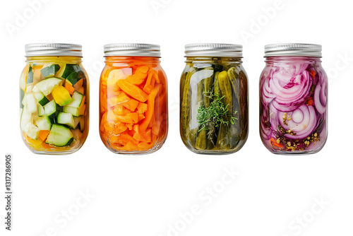 Vibrant pickled vegetables in glass jars against on Transparent PNG format Background. 
