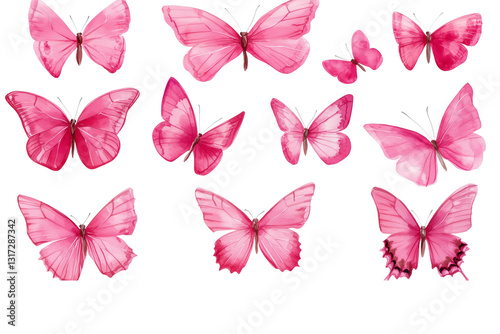 Set of pink watercolor butterflies isolated on Transparent PNG format Background. 